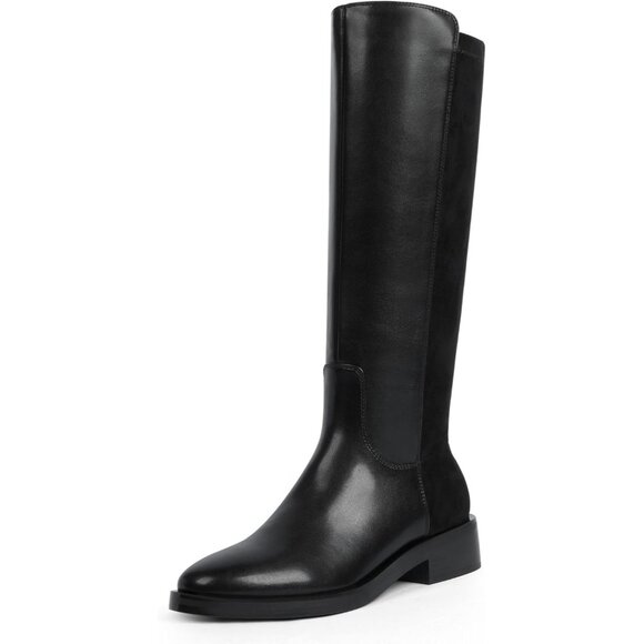 Women Polyurethane Stretch-black Round Toe Flat Heel Side Zipper Knee High Boots - Picture 1 of 7
